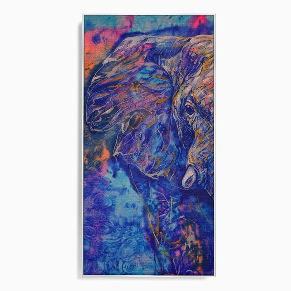 Tablou canvas cu tablou canvas cu profil de elefant in culori vibrante, in rama de aluminiu argintiu